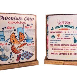 2 Pc Set! Free Standing Functional Wood Block Cookie Recipe Signs, Great Gift!